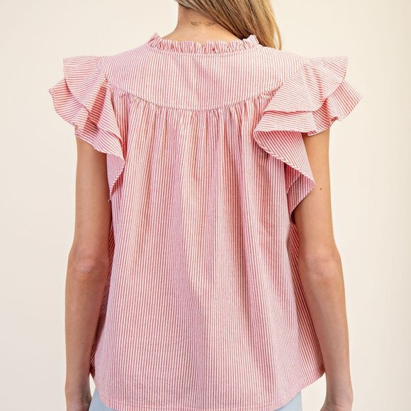 EE:SOME RED & WHITE STRIPED RUFFLE TOP - Picture 2 of 4